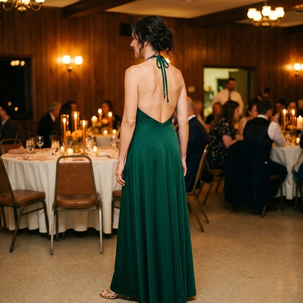 Floor-Length Halter Dresses With Bare Backs All the Way Down to the Small of Her Back