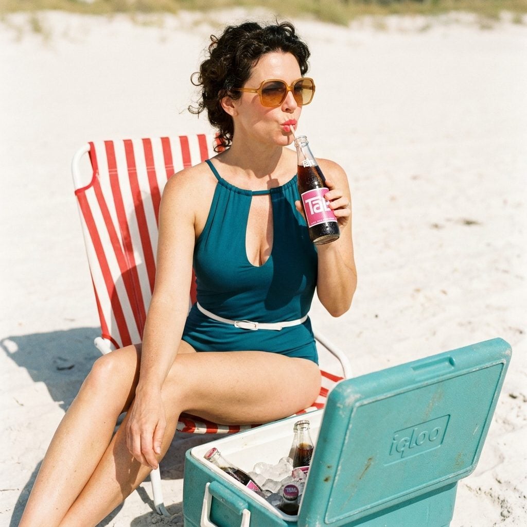 Tab Cola in a Glass Bottle, Sweating Ice Water Into the Cooler