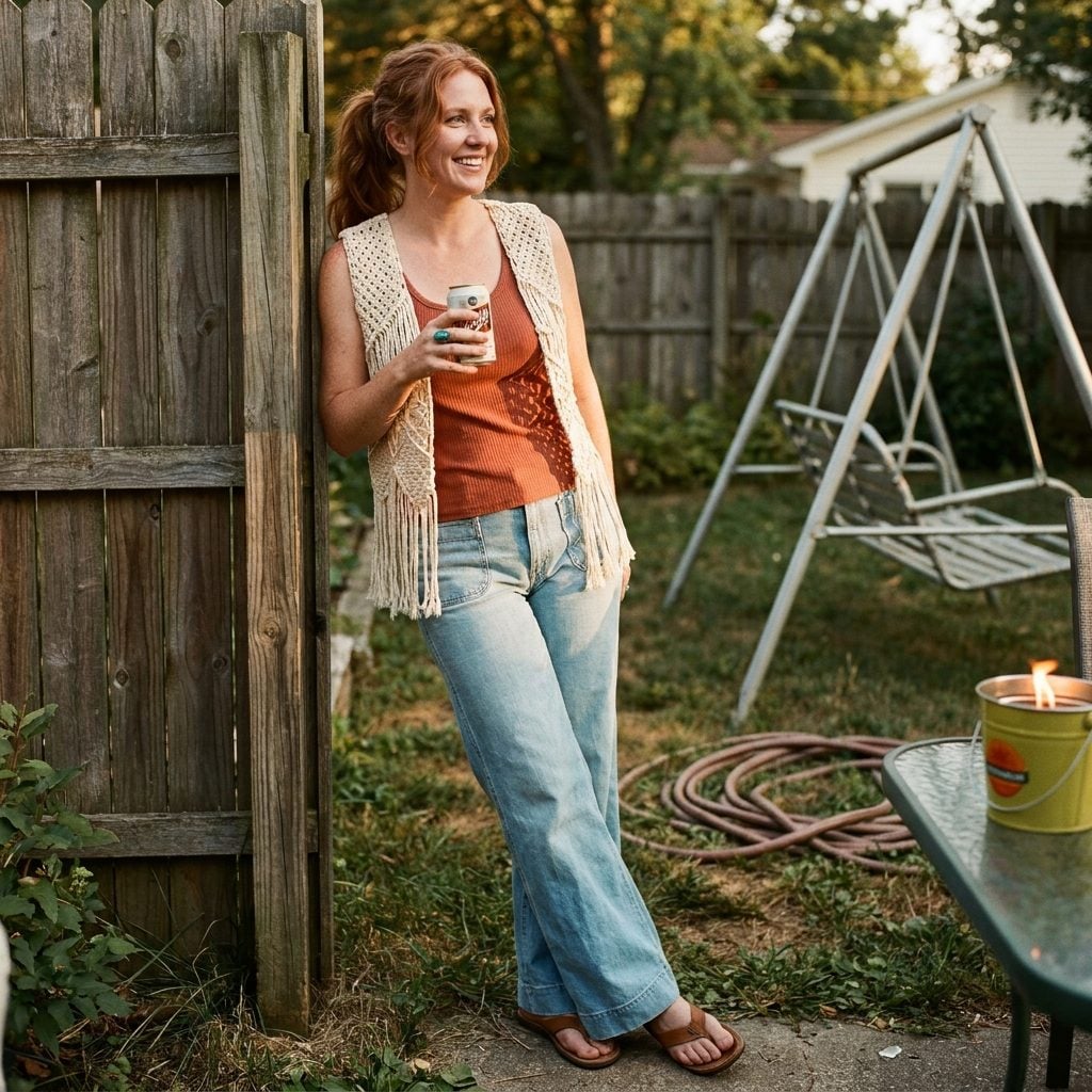 A Macramé Vest Layered Over a Ribbed Tank Top, Because She Wasn't Going to a BBQ Without a Craft Project on Her Body
