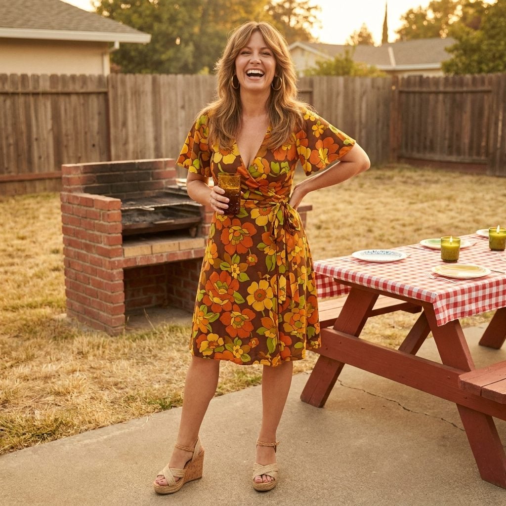 The Floral Wrap Dress With Wedge Sandals and Hoop Earrings Big Enough to Signal Aircraft