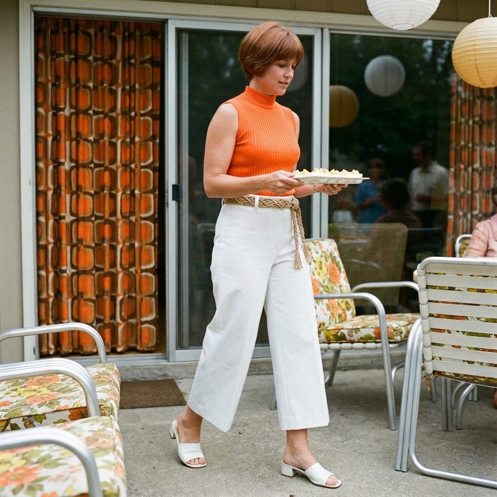 White Culottes With a Sleeveless Knit Top in a Color That Didn't Exist in Nature