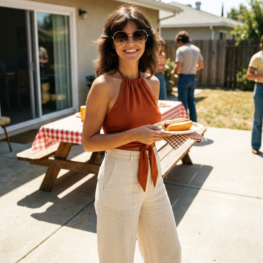 The Halter Top Tied Behind the Neck (Plus Those Oversized Sunglasses That Swallowed Her Face)