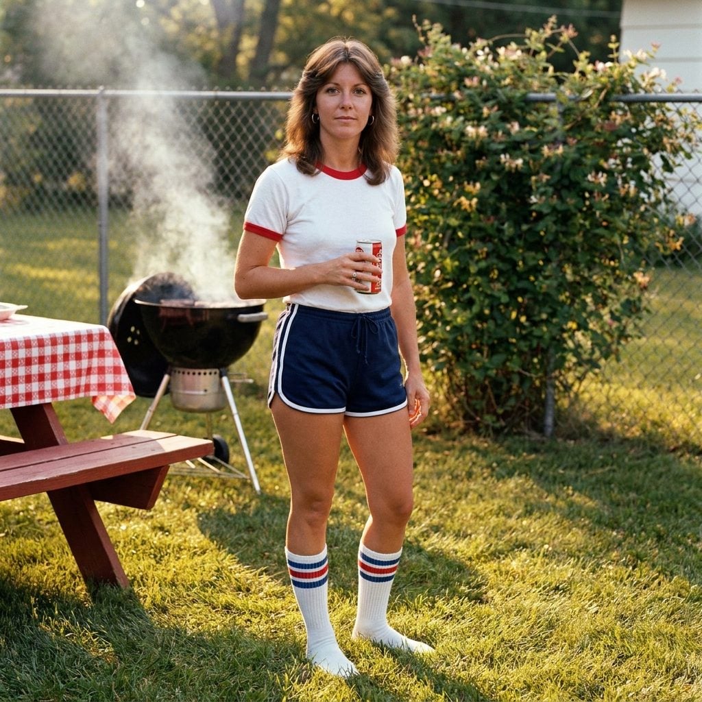 The Tucked-In Ringer Tee With Striped Gym Shorts That Made Every Backyard a Track Meet