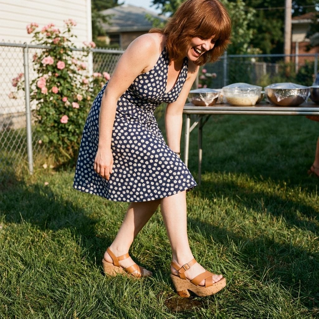 Platform Sandals Sinking Slowly Into the Lawn With Every Step She Took