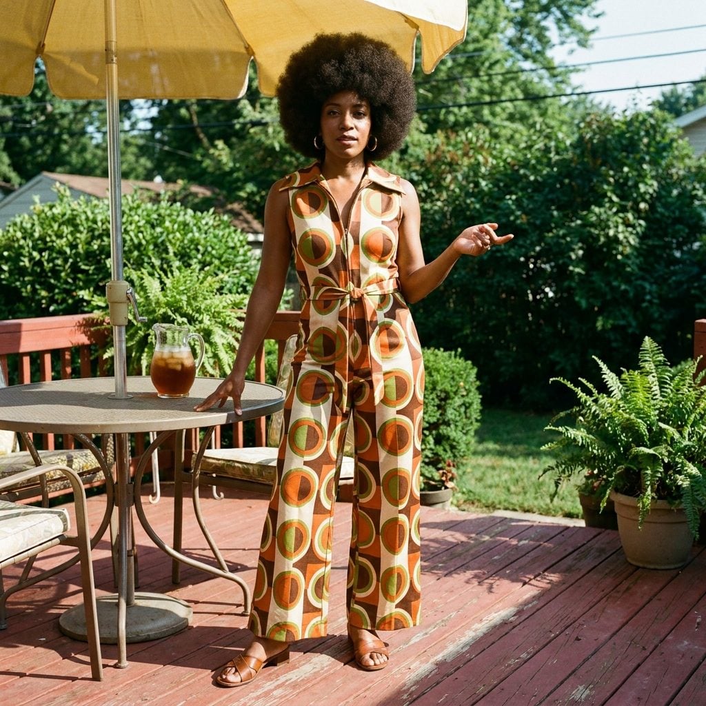 A Sleeveless Polyester Jumpsuit in a Geometric Print So Bold It Had Its Own Gravitational Pull