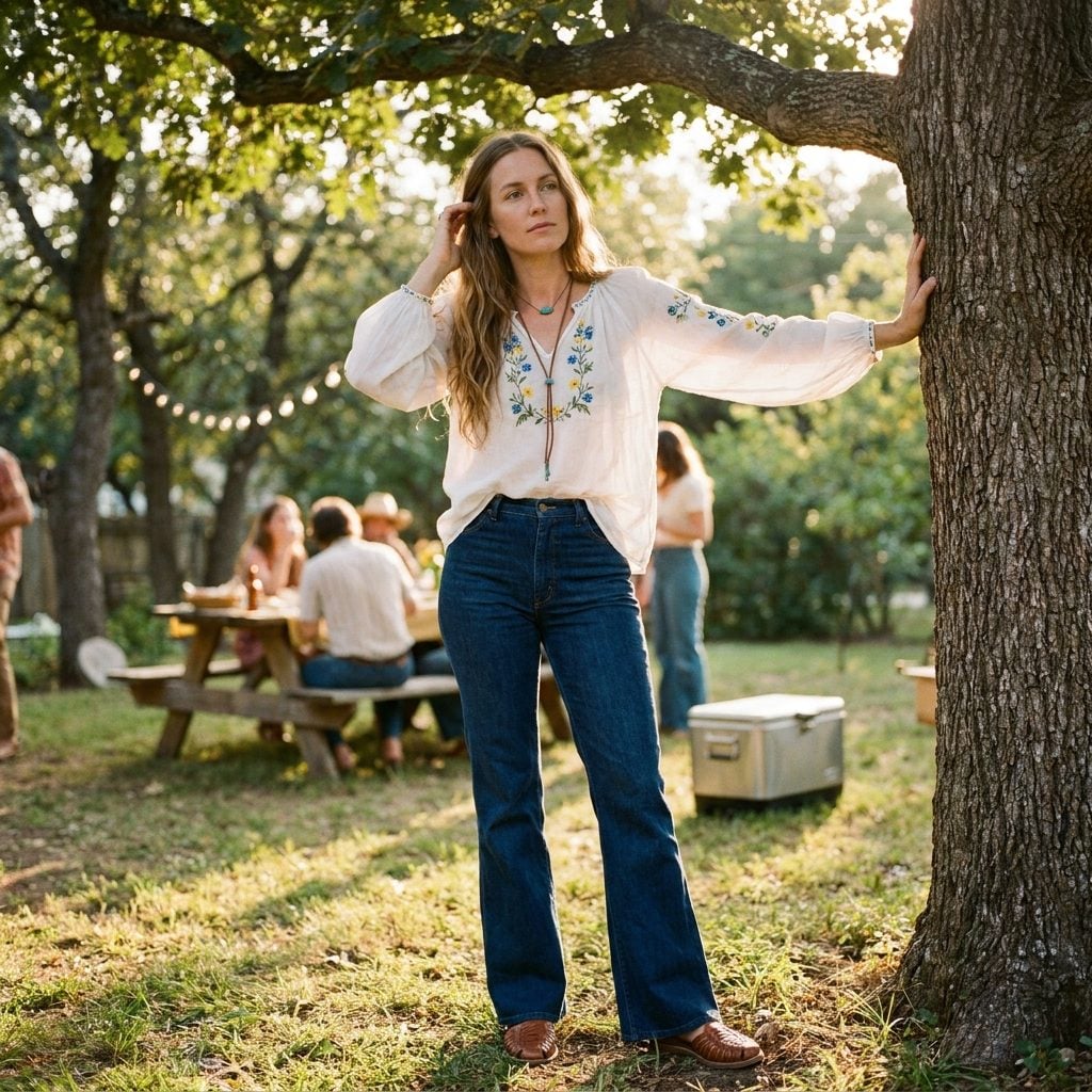 A Flowy Peasant Blouse Tucked Into Bell-Bottoms Like She Just Walked Off a Joni Mitchell Album Cover