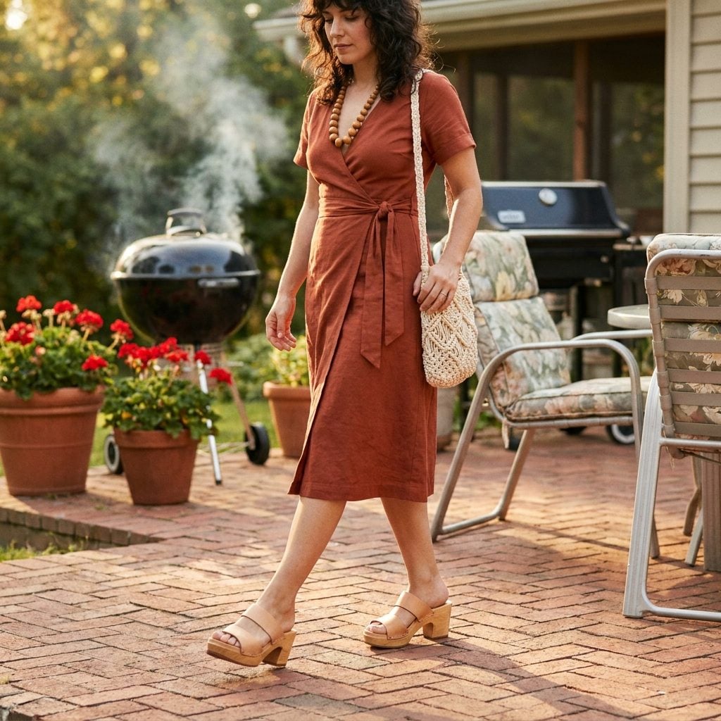 Wooden Platform Clogs So Loud on the Patio They Announced Her Arrival Three Houses Down