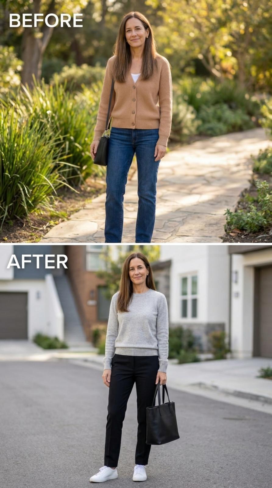 Grey Crew, Black Trousers, and the Suburban Street That Finally Looks Intentional
