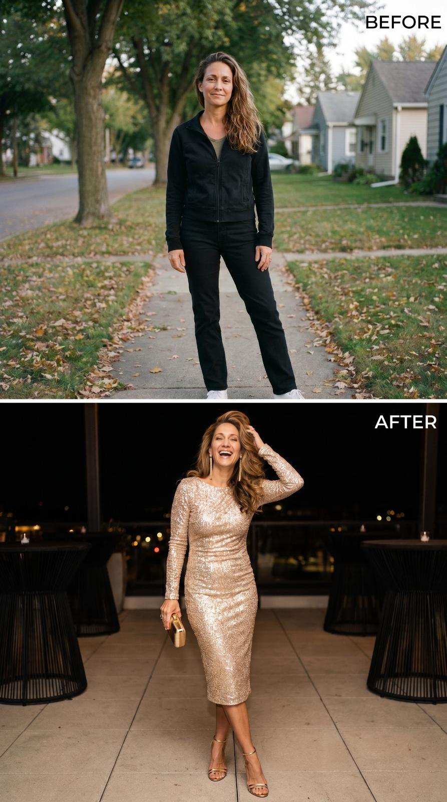 Gold Sequins, a Night Terrace, and She Was Already Smiling Before Anyone Arrived