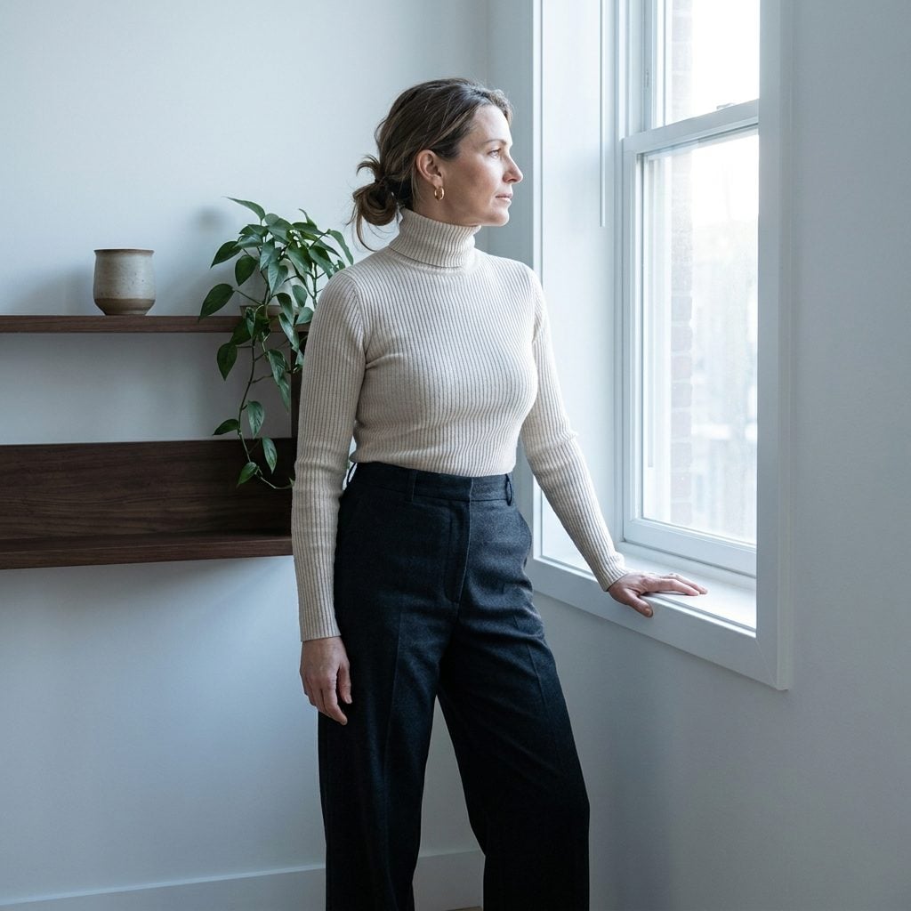 Turtleneck Tucked Into High-Waisted Pants: You've Stopped Explaining This and Started Just Doing It