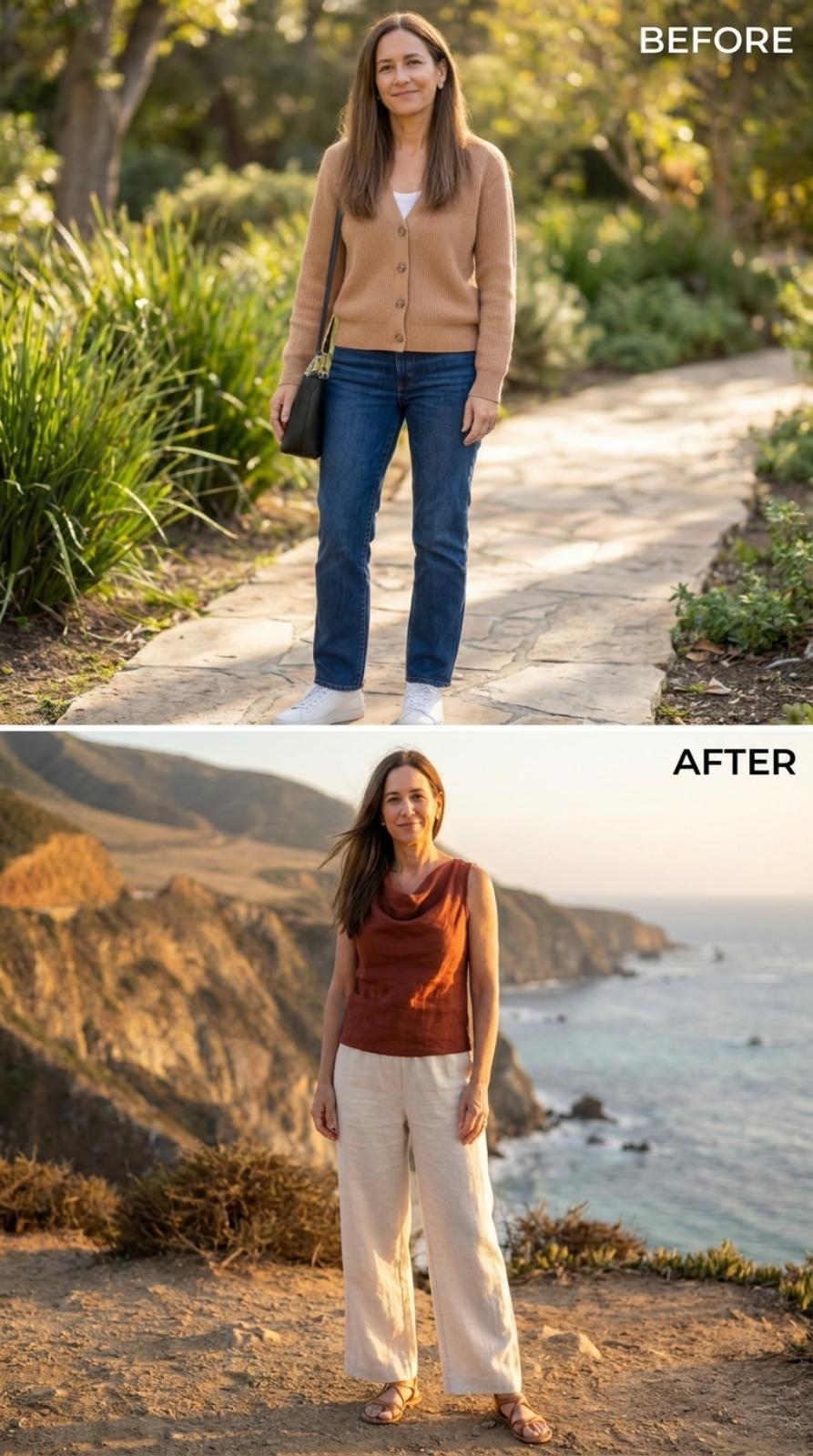 Rust, Wide Linen, and the Coastal Cliff That Finally Makes Sense