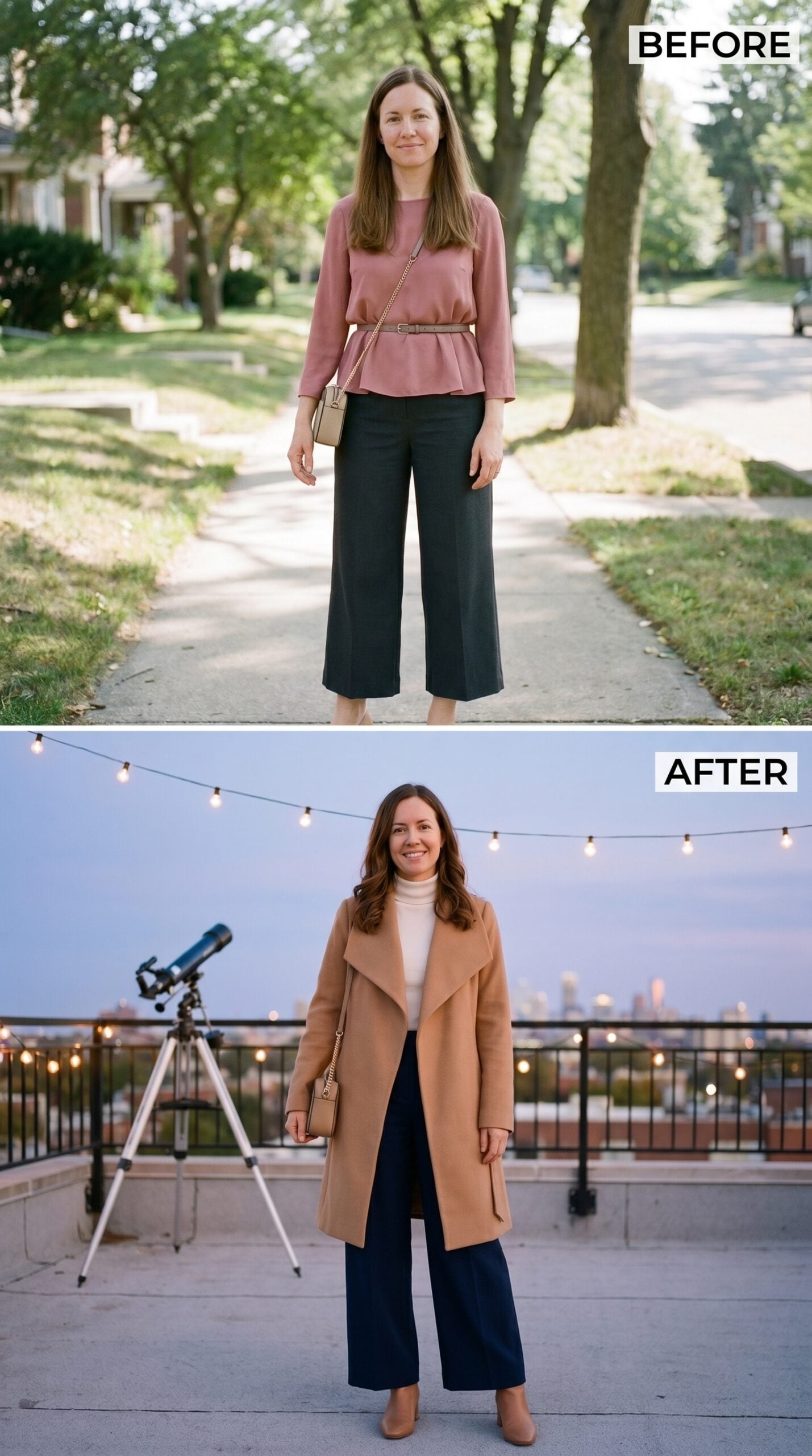 Rooftop at Dusk, a Camel Coat That Means Business, and She Already Owned the Skyline