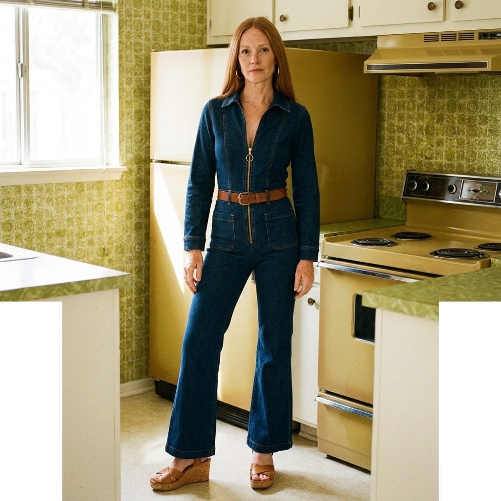 The Denim Jumpsuit With a Front Zipper Running From Collarbone to Waist