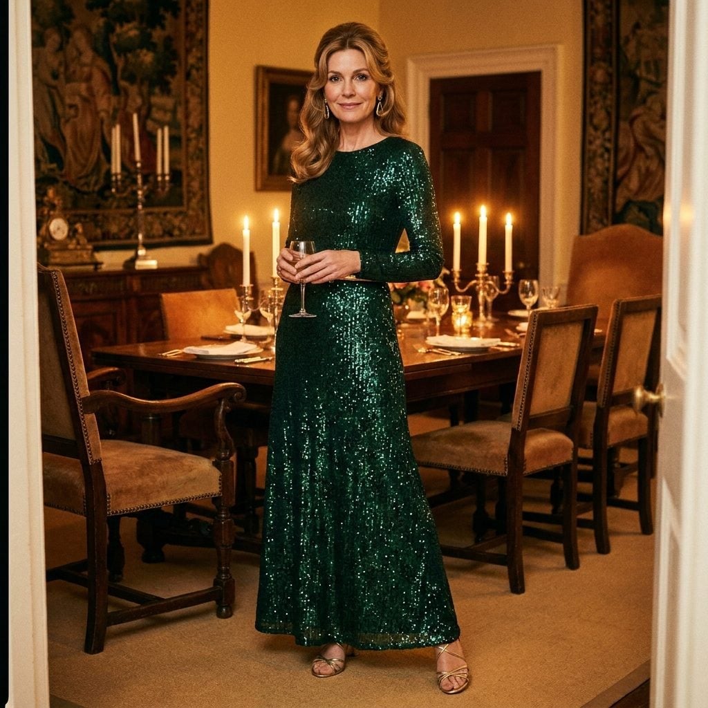 A Floor-Length Hostess Gown in Sequins or Metallic Thread That Treated Dinner at Home Like a Black-Tie Event