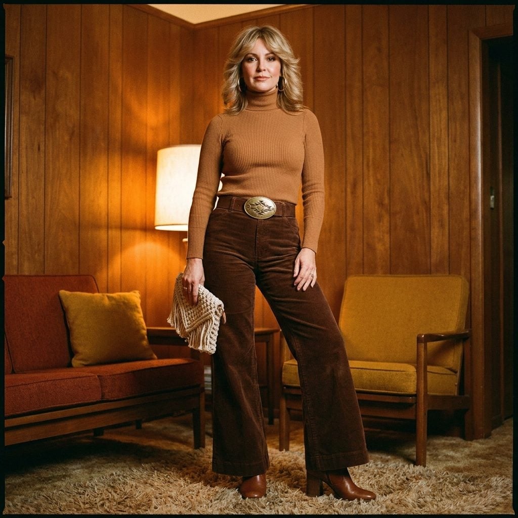 The Ribbed Turtleneck Tucked Into Corduroy Flares With a Brass Belt Buckle the Size of a License Plate