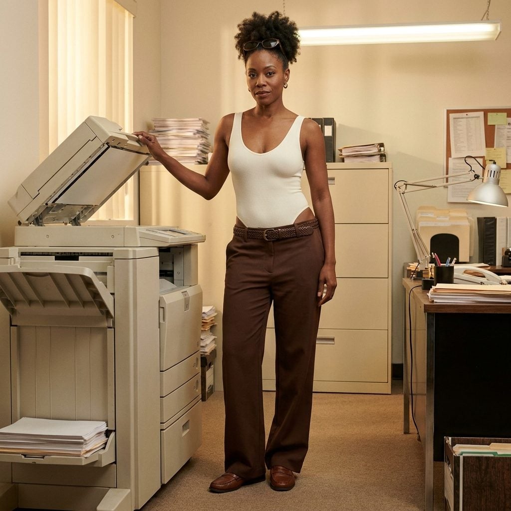 The Bodysuit Snapped Into Low-Rise Trousers: Office Outfit or Optical Illusion?