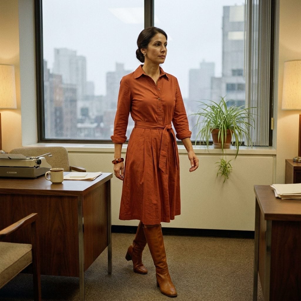 A Rust Shirtdress With Knee-High Boots, a.k.a. the Outfit That Made You Feel Like a Magazine Editor Even If You Were a Typist
