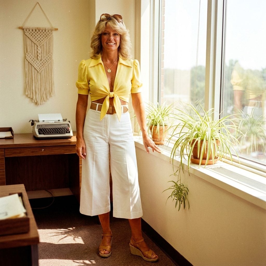 A Canary Yellow Blouse Tied at the Chest With White Culottes, Because Apparently That Flew in 1976