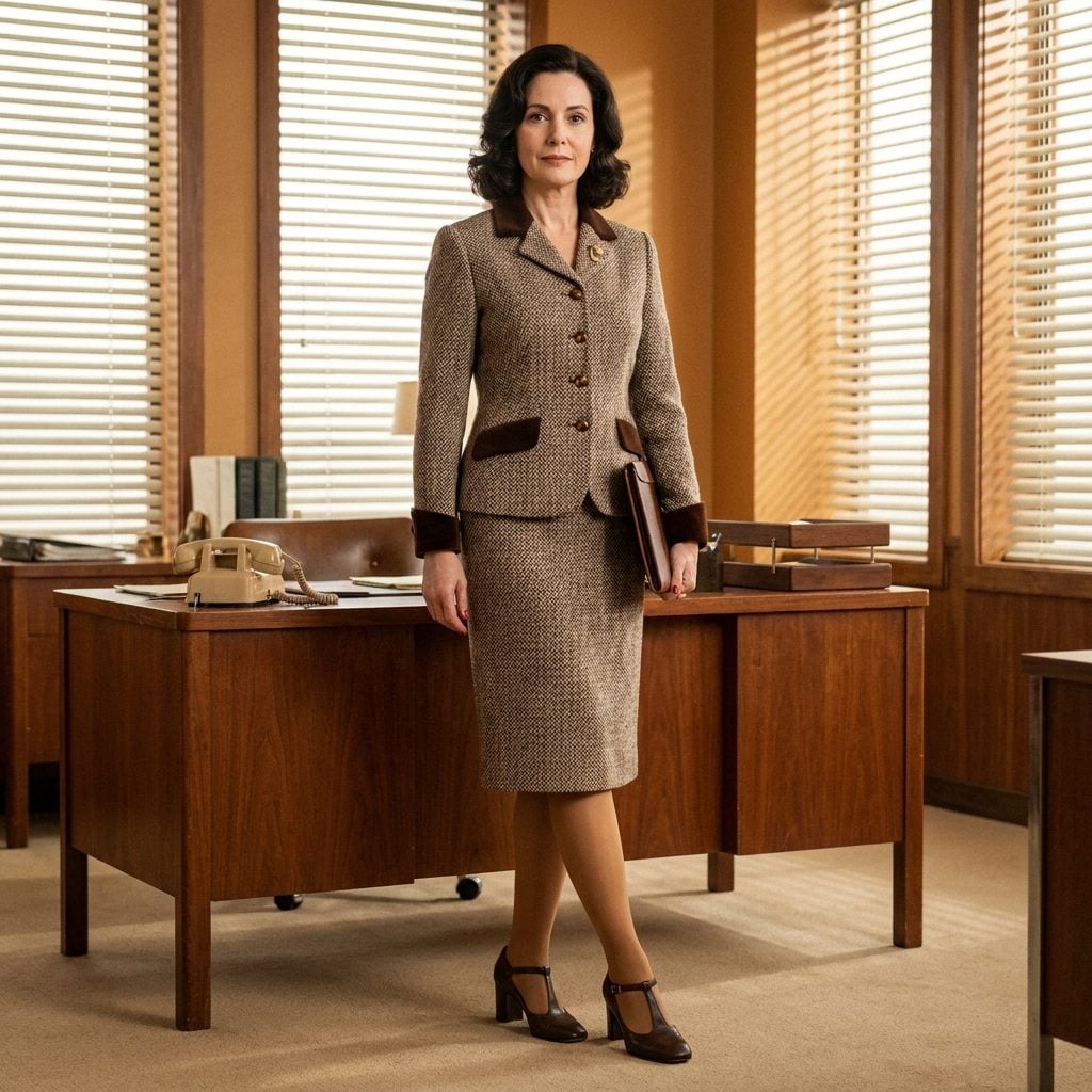 The Tweed Pencil Skirt Suit With a Velvet Collar (Because Texture Was a Personality Trait)