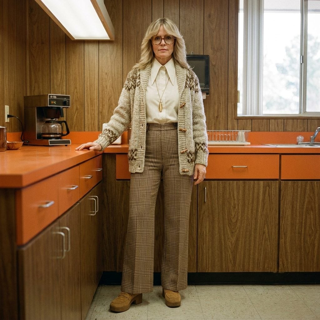 The Cream Button-Down With the Impossibly Long Pointed Collar Under a Chunky Cardigan and Plaid Trousers