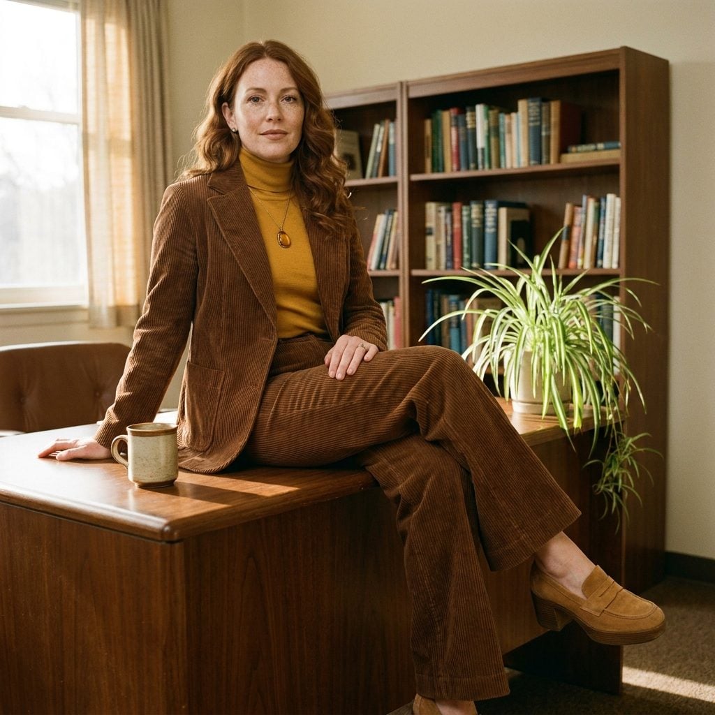 Brown Corduroy Blazer Over a Mustard Turtleneck, or: The Entire 1970s Color Palette in One Outfit
