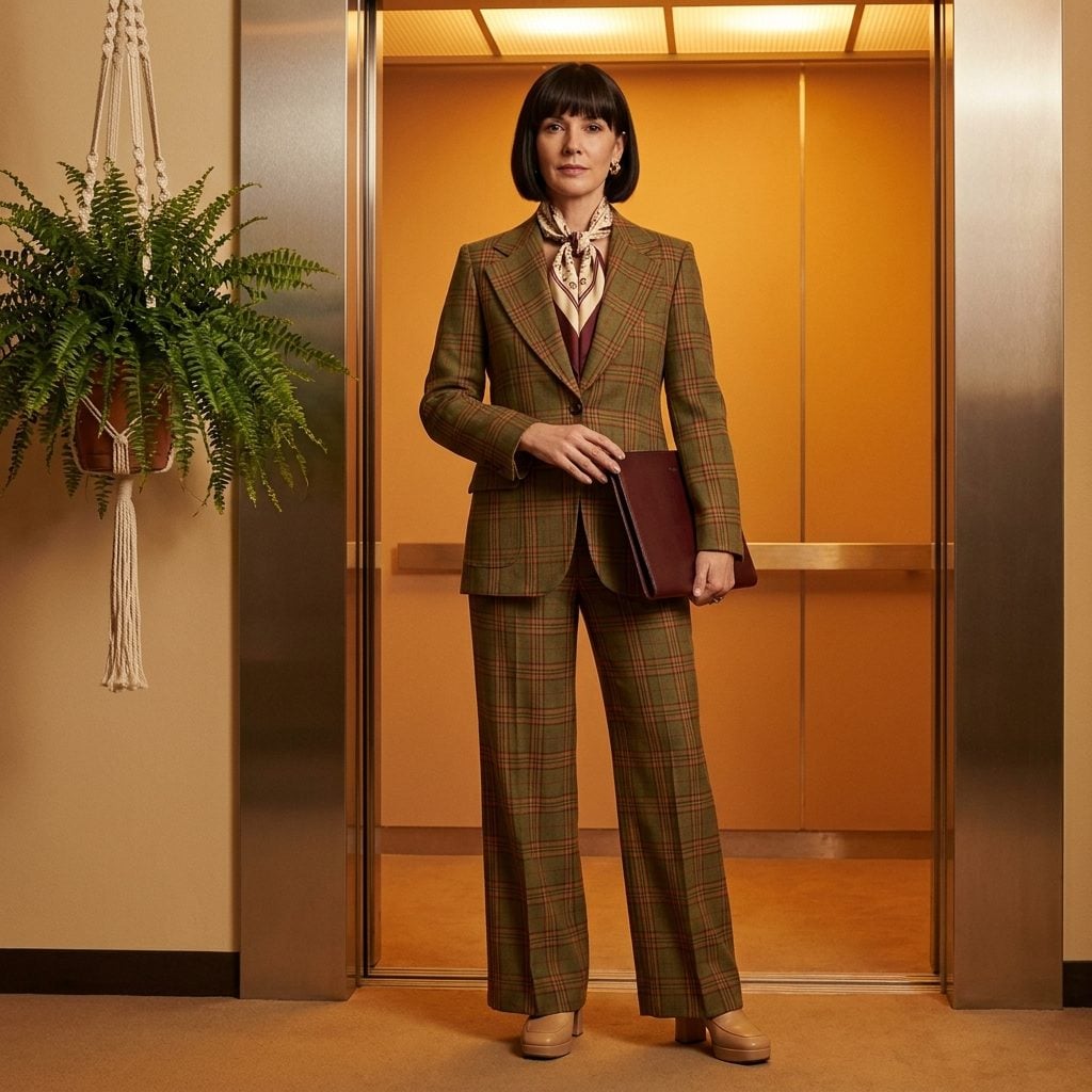 The Olive-and-Rust Plaid Pantsuit With a Silk Scarf Knotted at the Throat Like You Had Somewhere Important to Be