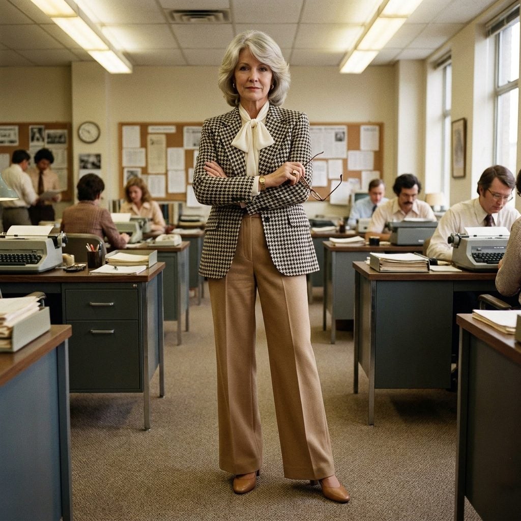 A Houndstooth Blazer With Pleated Tan Trousers and a Chiffon Ascot, Because We Were Deeply Committed to Looking Like Newscasters