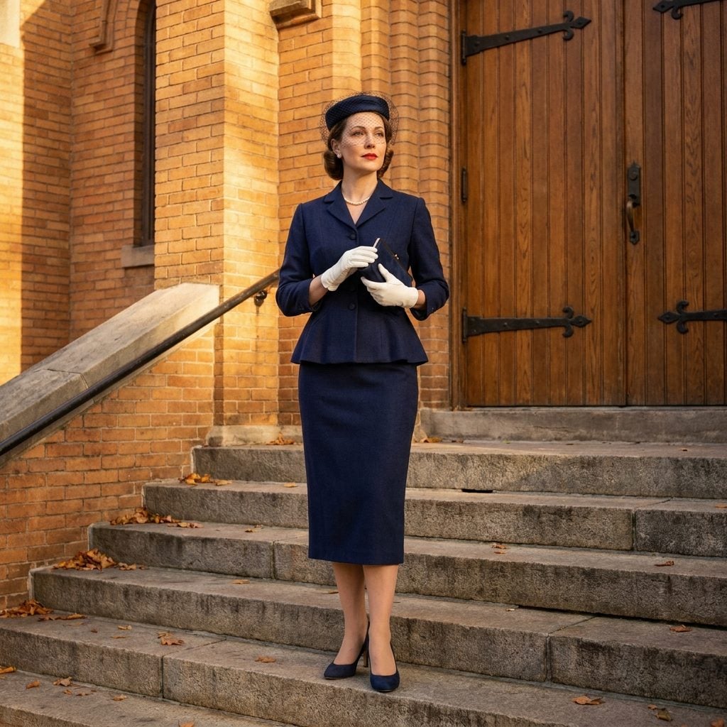 The Navy Wool Suit With Peplum Jacket That Said 'I Take Sunday Seriously'