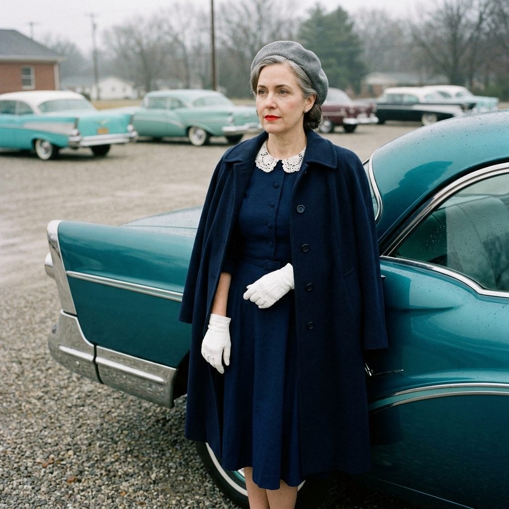 Navy Blue and White Lace Beside a Tail-Finned Buick, Pure 1957