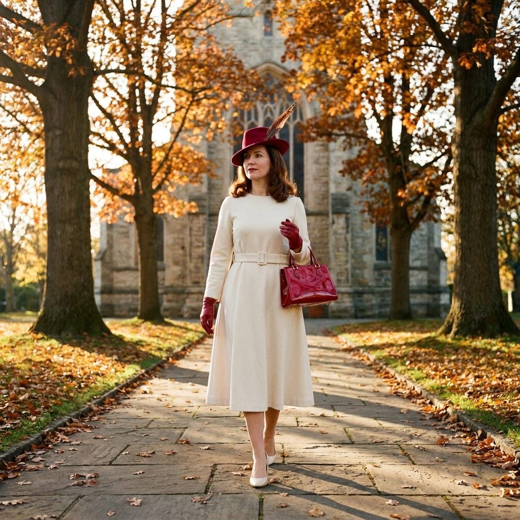 Cream Wool With a Cherry Red Hat and the Autumn Walkway That Was Her Runway