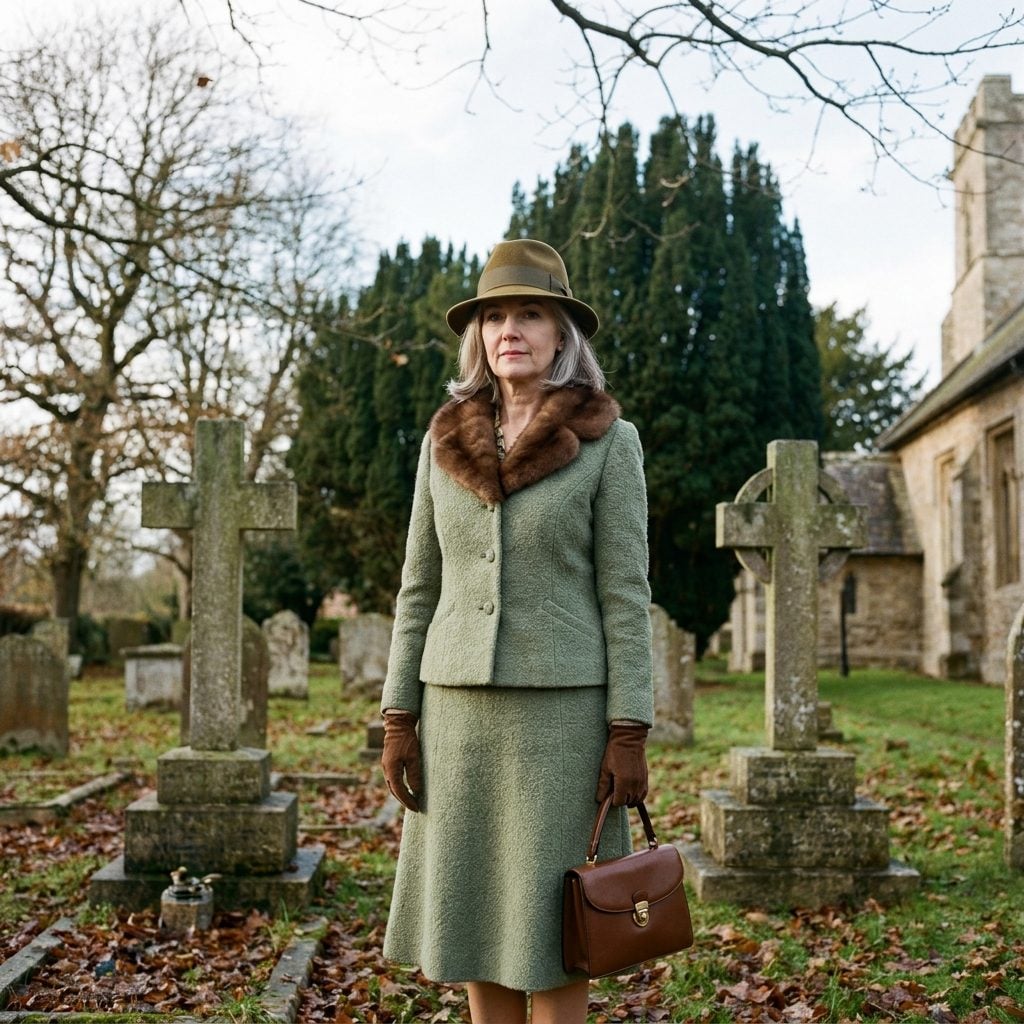 The Sage Green Boucle Suit With Fur Collar That Meant Business in November