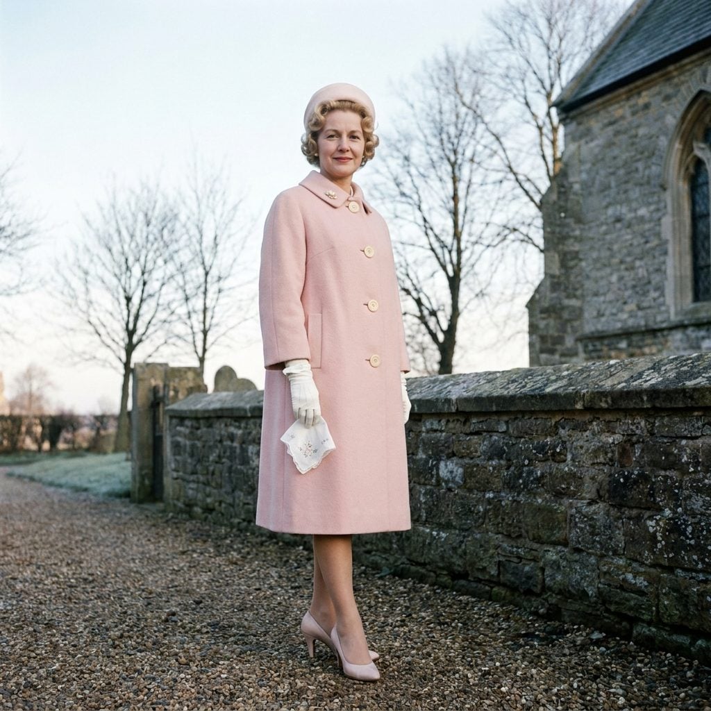 The Powder Pink Wool Coat With the Embroidered Handkerchief She Held Like It Was Part of the Outfit