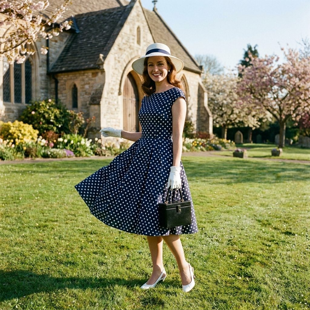 The Navy Polka Dot Fit-and-Flare on a Spring Morning When the Lawn Still Smelled Like Last Night's Rain