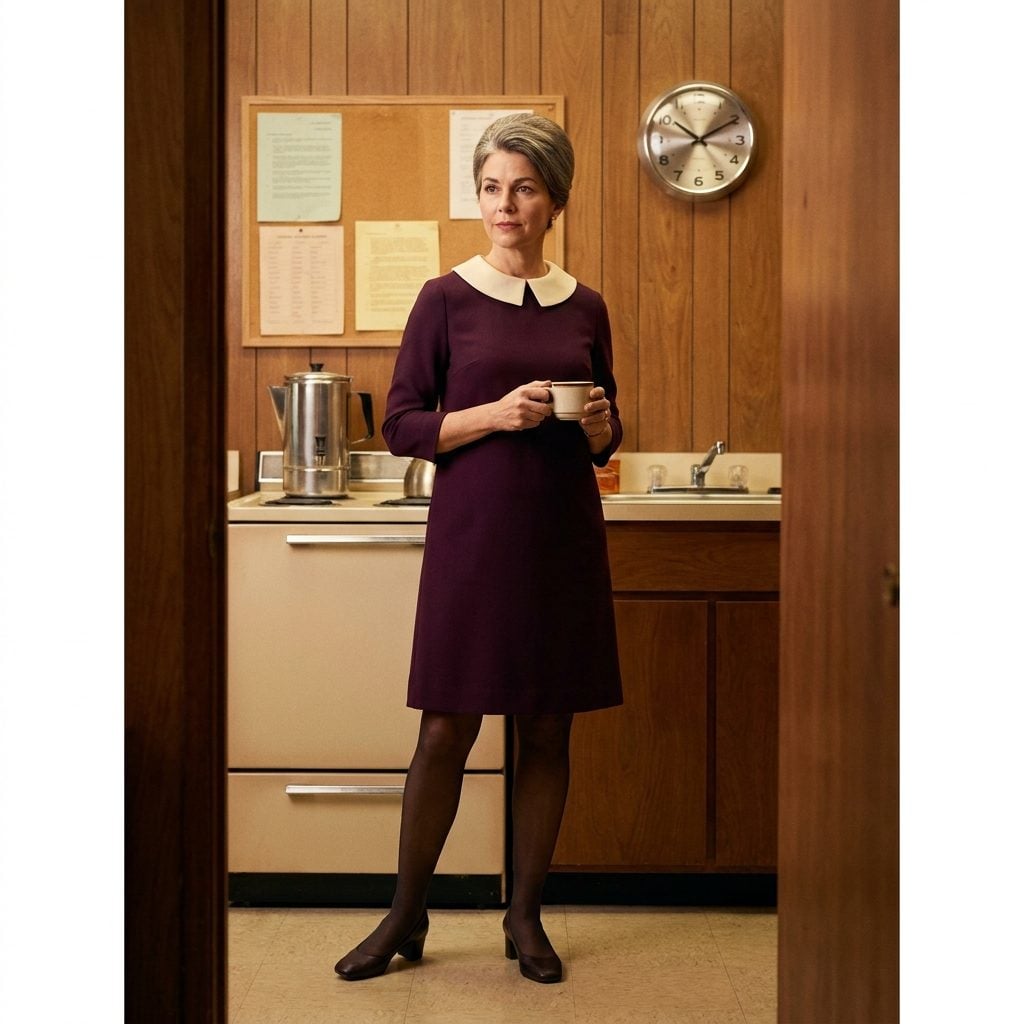 The Plum Shift Dress With the Wide Cream Collar That Made Every Woman Look Slightly Like a Headmistress