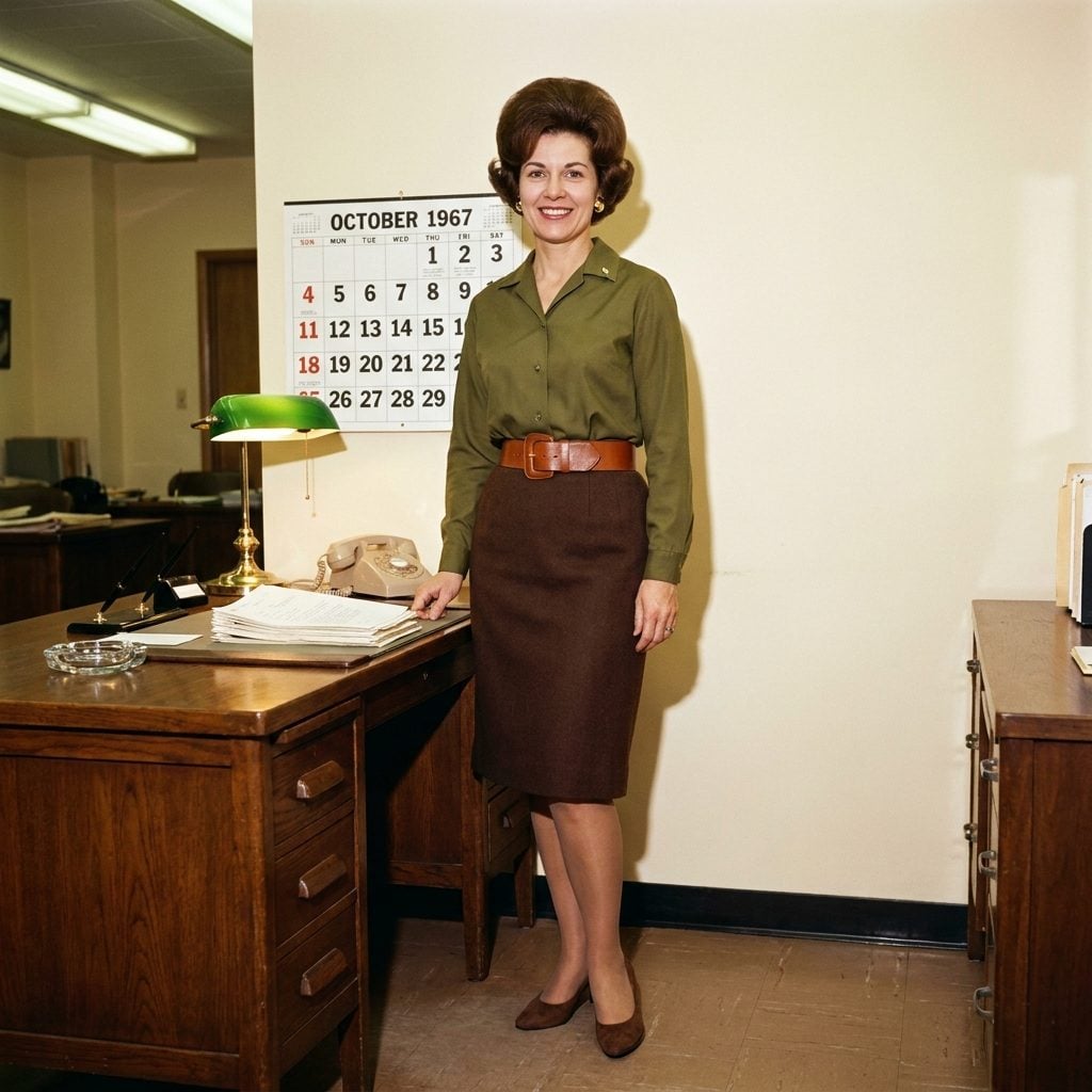 The Wide Belt Cinching an Olive Blouse and Brown Pencil Skirt, the Whole Look Was Doing a Lot