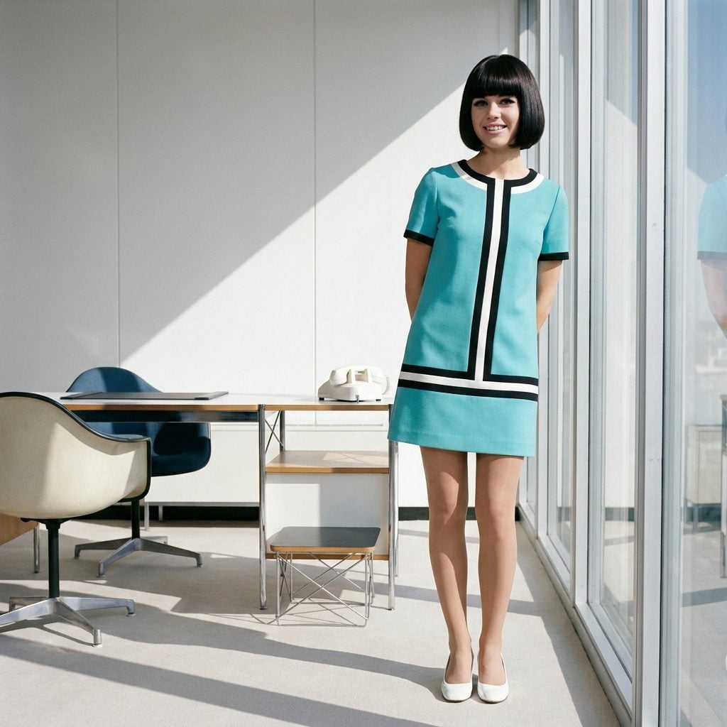 The Turquoise Mod Dress With Geometric Trim, When the Office Finally Caught Up to the Decade It Was Living In
