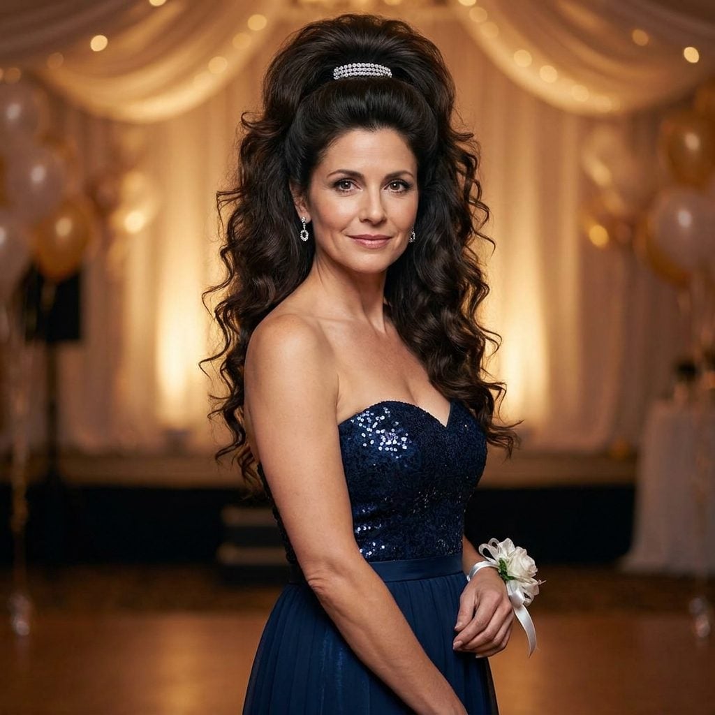 The Half-Up Prom Crown: Teased on Top, Cascading Curls Below