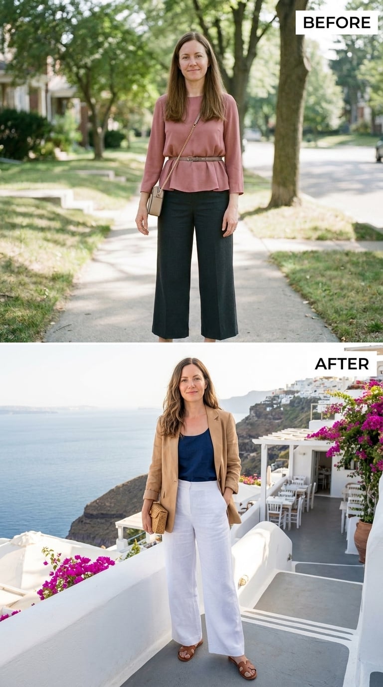Camel Blazer Over Navy in Santorini and She Earned Every Bit of It