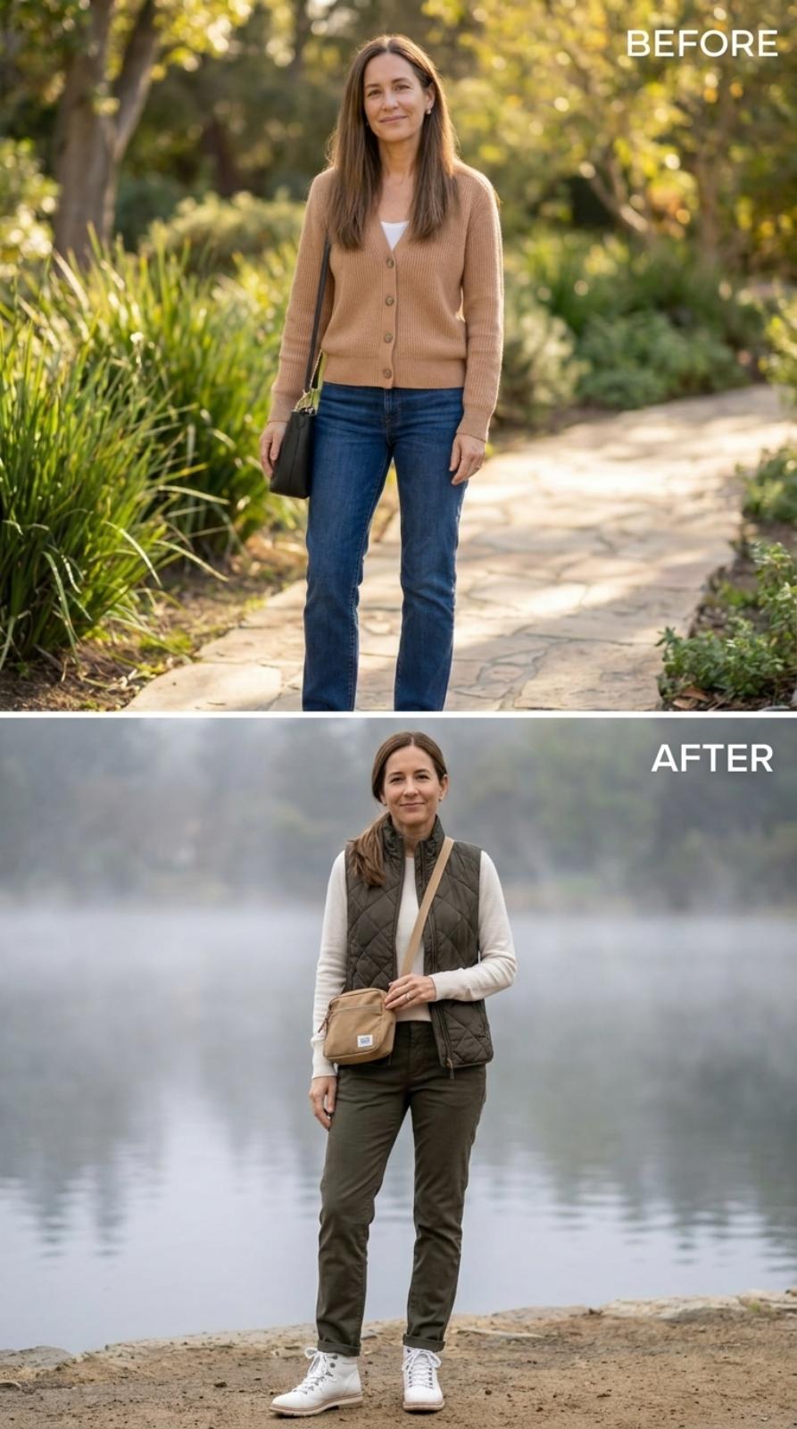 Quilted Vest, Olive Trousers, and the Foggy Lakeside That Earns the Whole Look