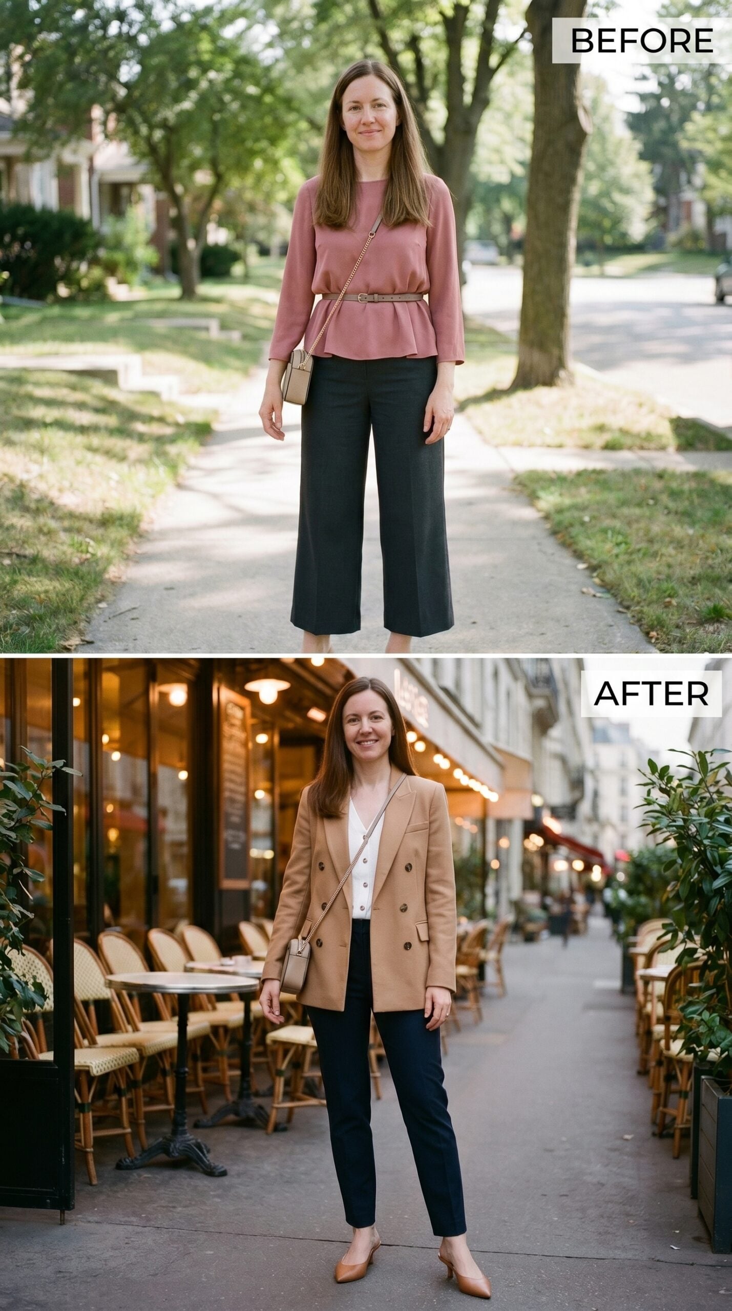 Navy Trousers and a Camel Blazer She Wore Outside a Paris Café