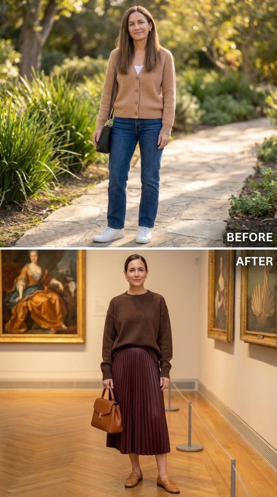 Chocolate Knit, Pleated Midi, and the Museum Gallery That Earns the Palette