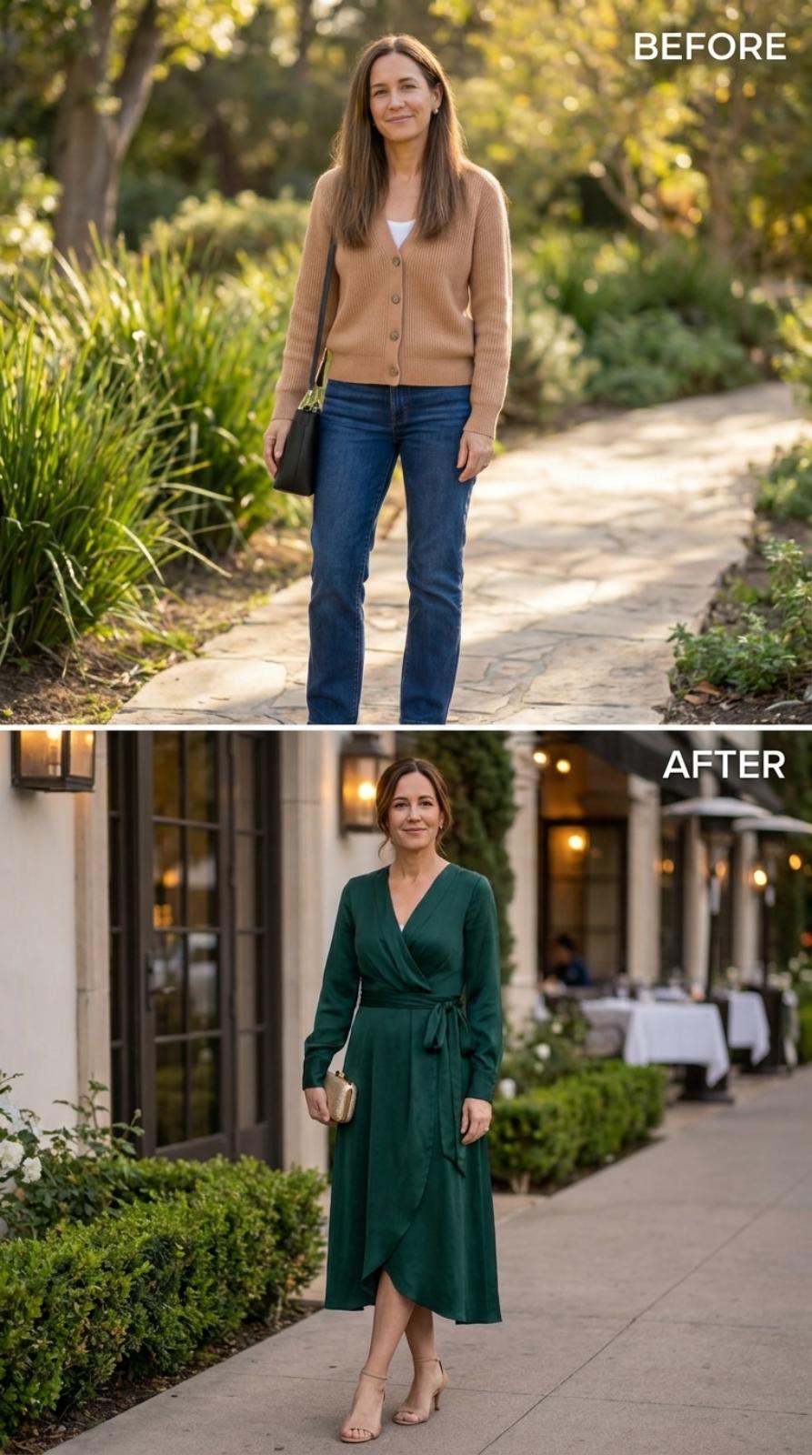 Forest Green Wrap Dress and the Restaurant Terrace That Matches the Moment