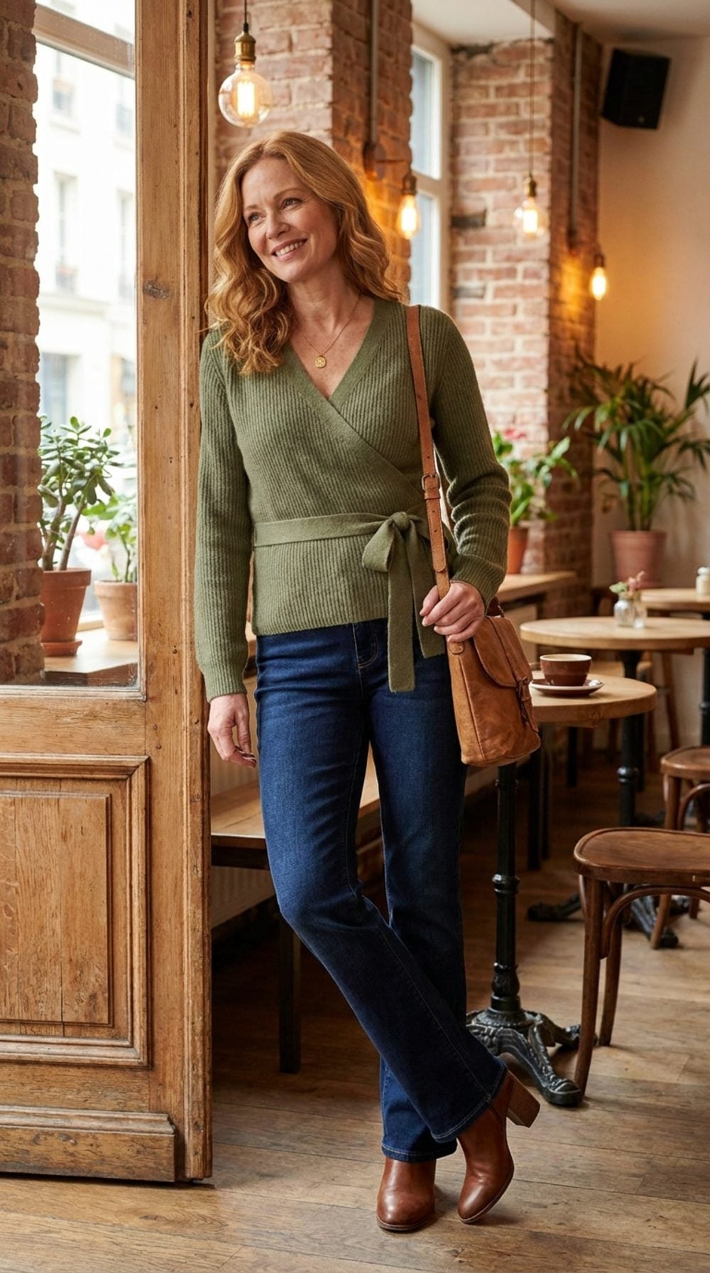 Olive Ribbed Wrap Sweater Over Bootcuts: Weekend Warmth That Still Has a Waist