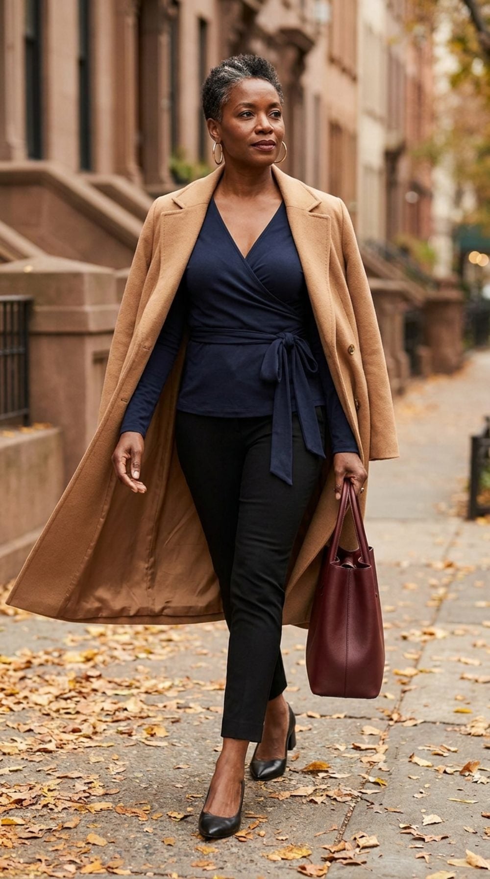 Navy Jersey Wrap Under a Camel Coat: City Layering With a Visible Waistline