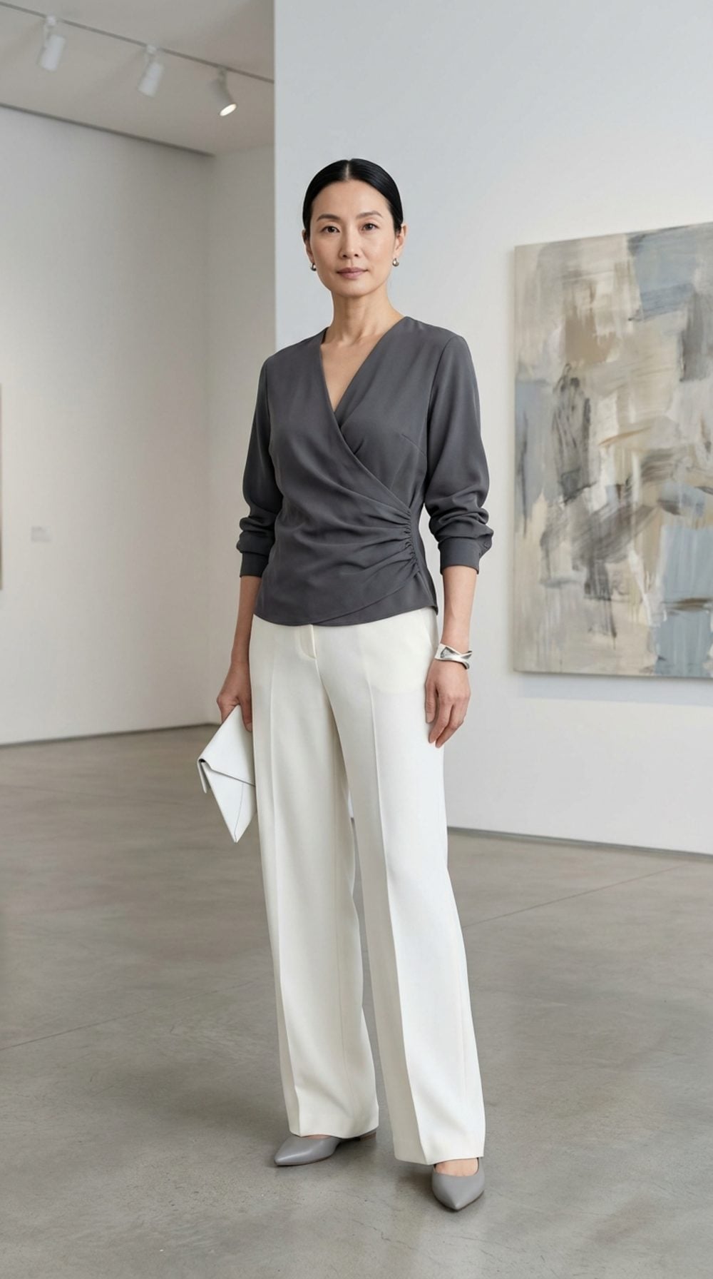 Charcoal Wrap with Ivory Wide-Legs: Gallery Minimalism, Maximum Shape
