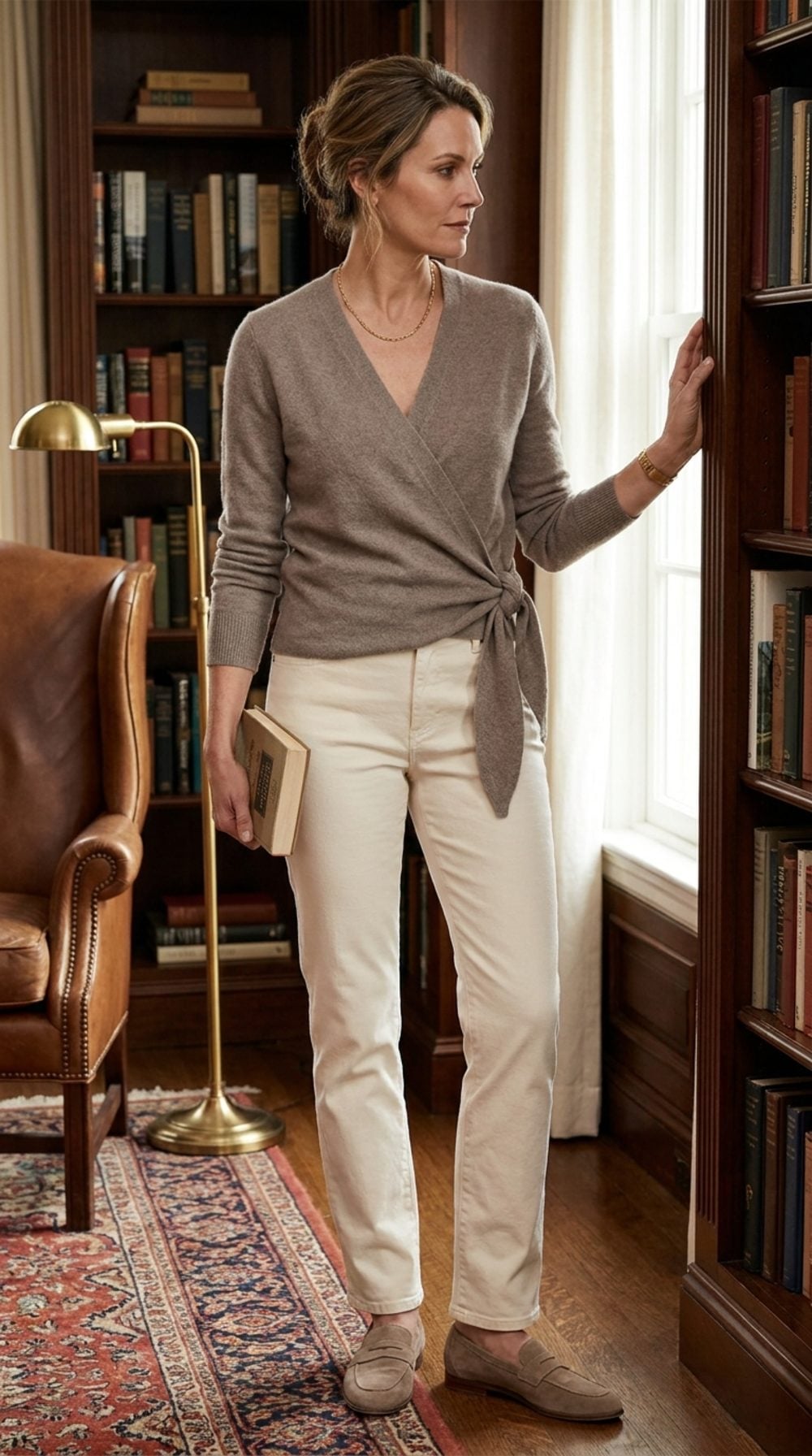 Taupe Cashmere Wrap in the Library: Quiet Luxury With Unmistakable Structure