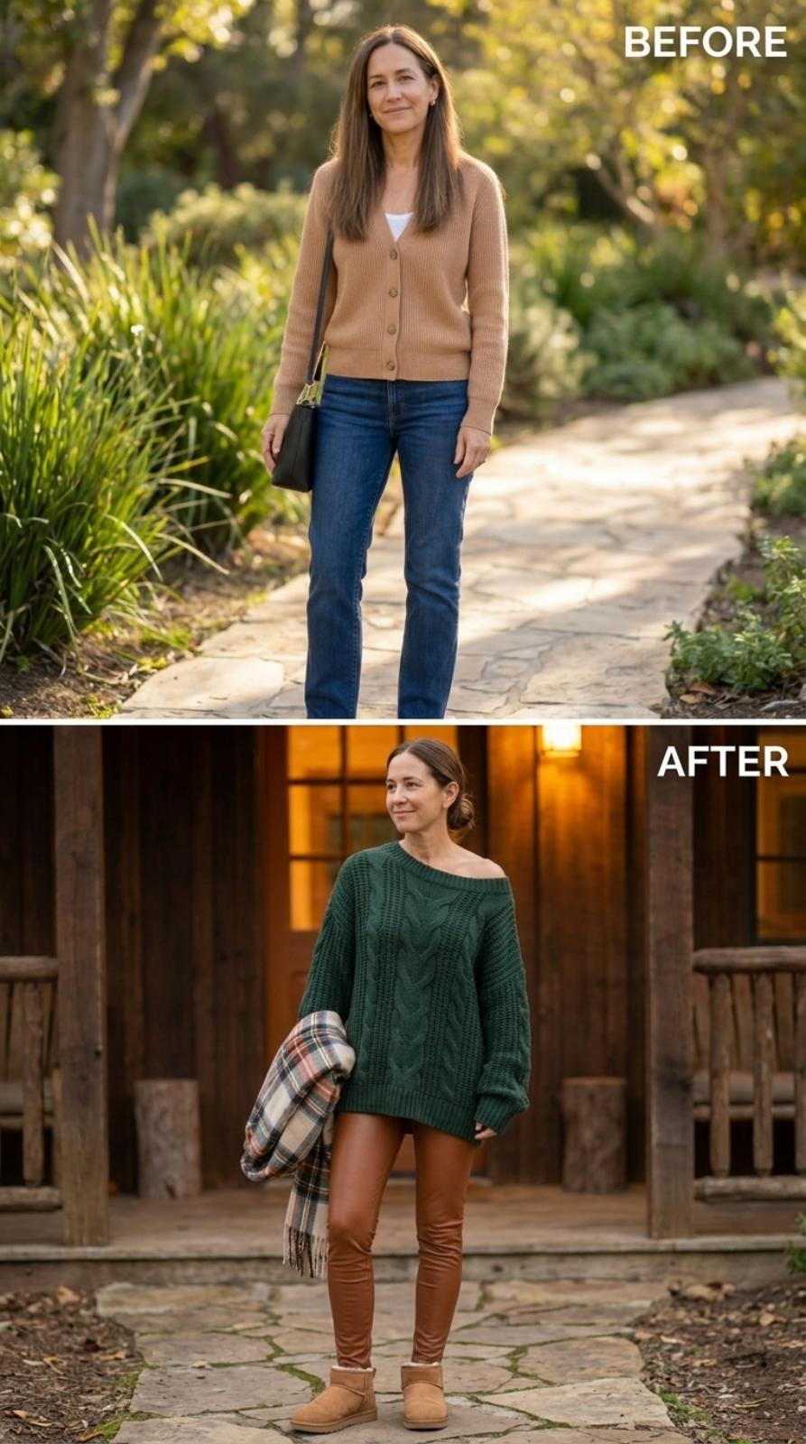 Cable Knit, Leather Leggings, and the Barn Porch That Earns Every Texture