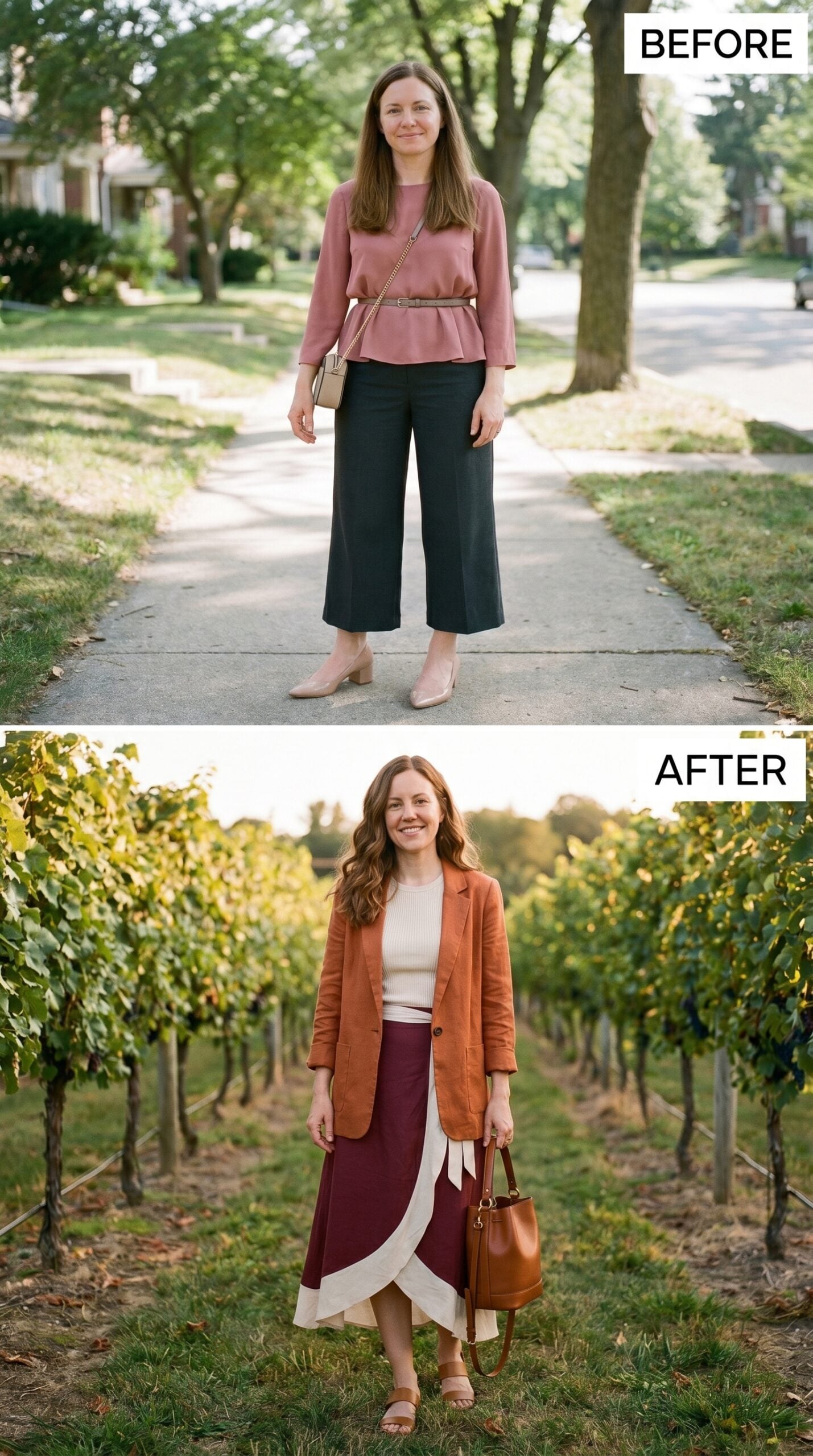 Rust Blazer Over Burgundy at the Vineyard and She Owned the Whole Afternoon