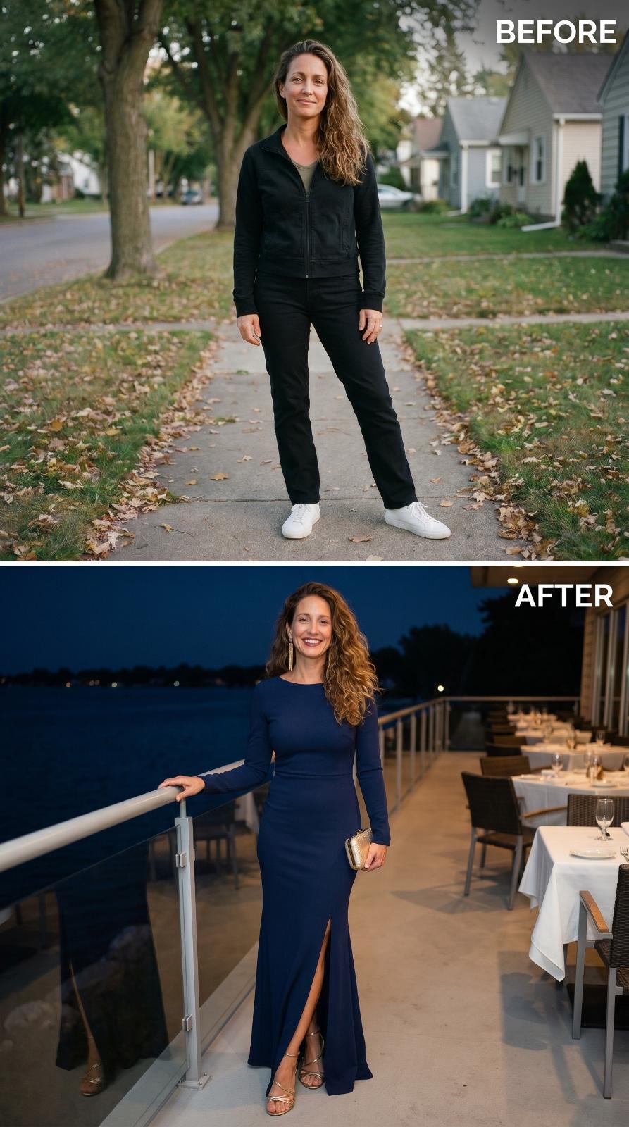Navy Gown, Gold Clutch, and a Waterfront Table She Reserved for Herself