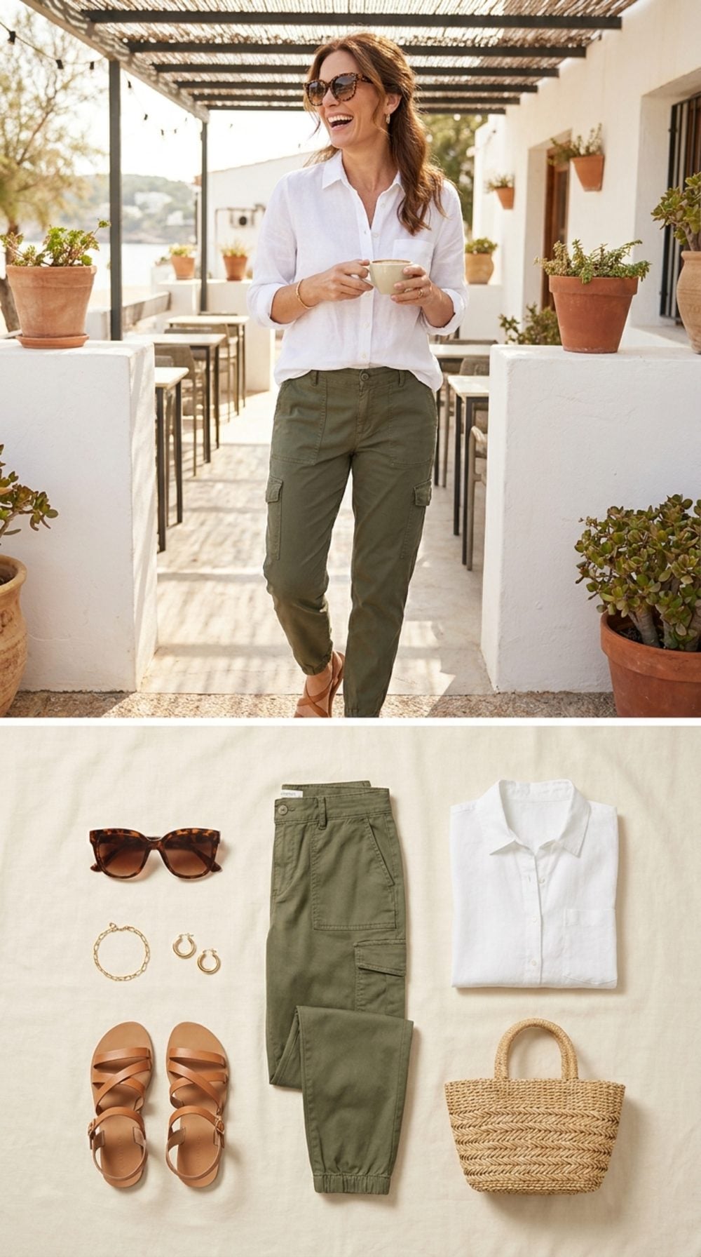 Olive Tapered Cargos with a Linen Button-Down Read Like Summer Dressing Done Right